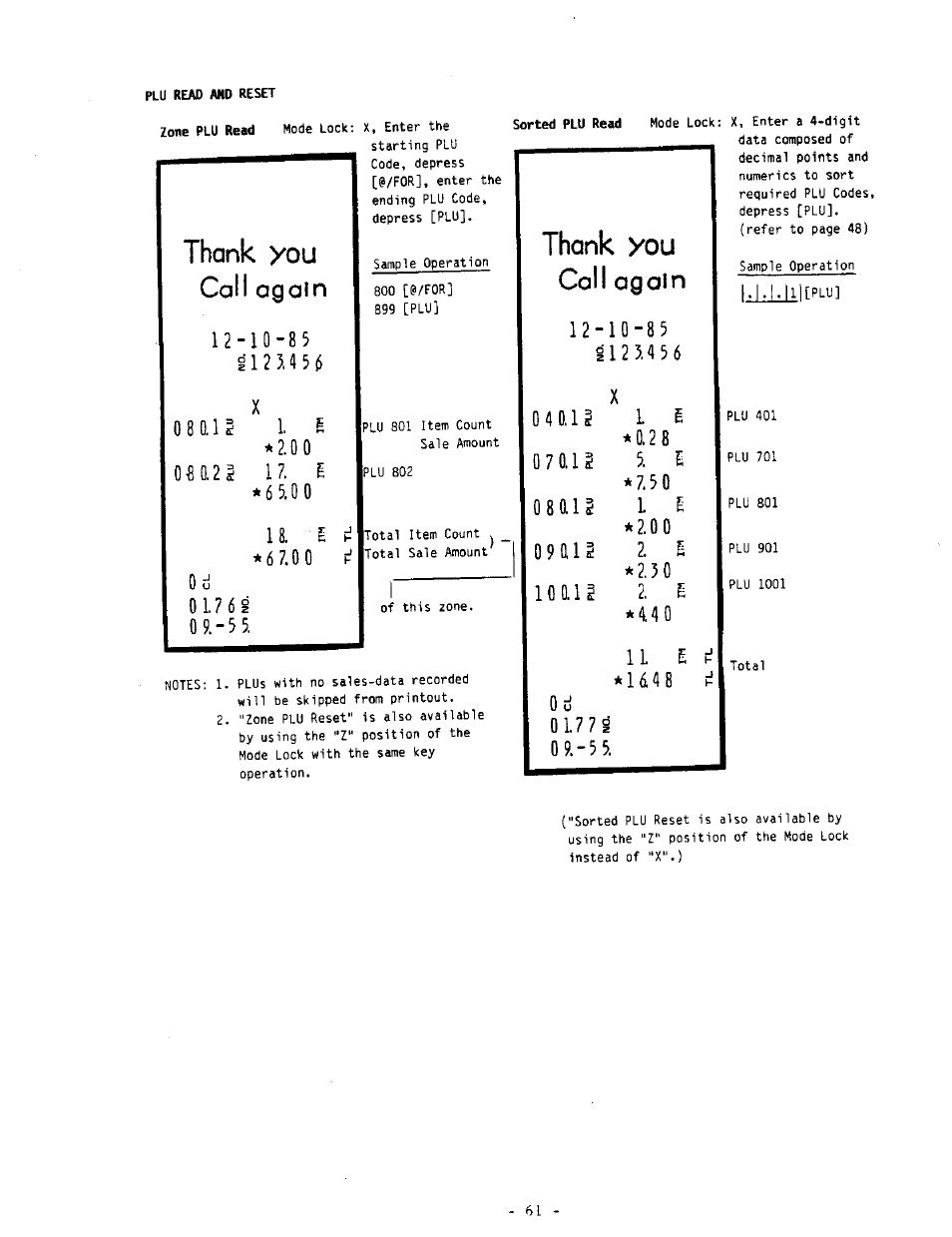 Thank you call again, Sorted plu read, Í12h56 | 04i11s, 07ai, 10 0.1 g, Call again, Again, 0 9 t t l | Toshiba MA-290-100 SERIES User Manual | Page 65 / 84