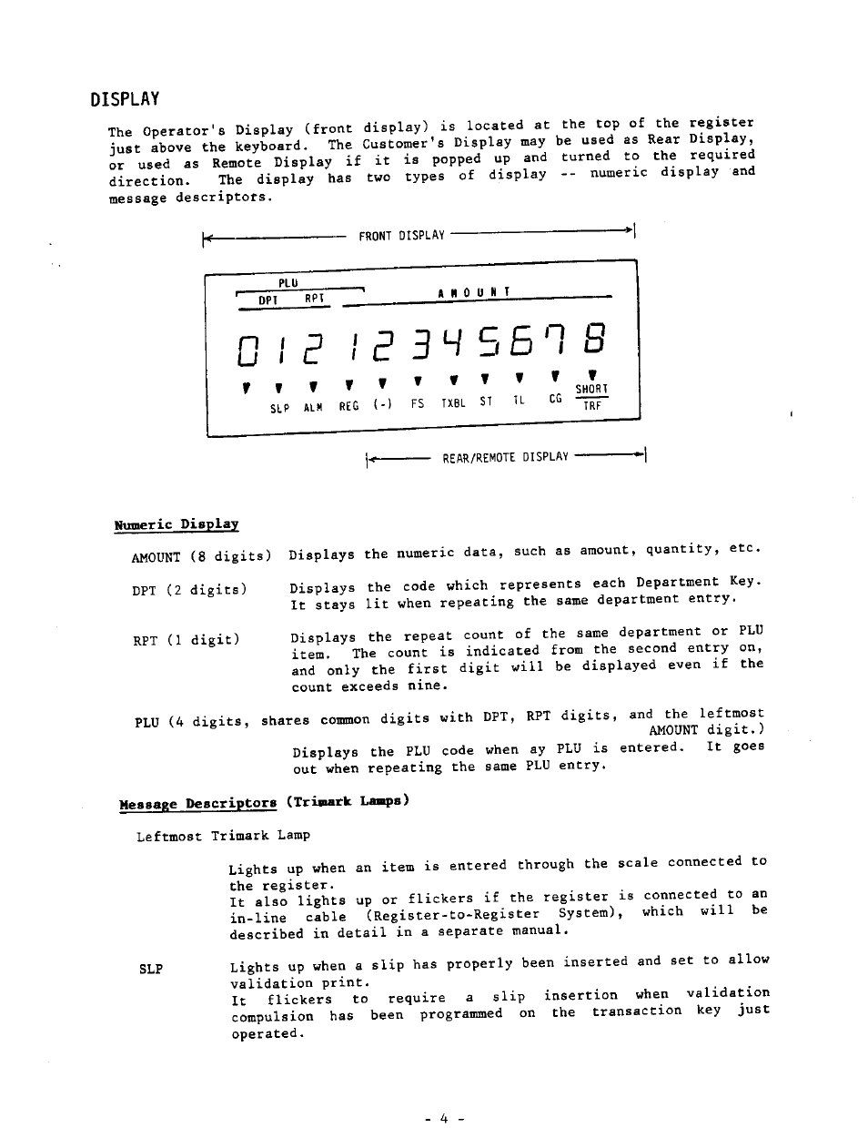 Display, Numeric display, Message descriptors (trisiark lasq>s) | I ? 3 4 5 6 | Toshiba MA-290-100 SERIES User Manual | Page 8 / 84