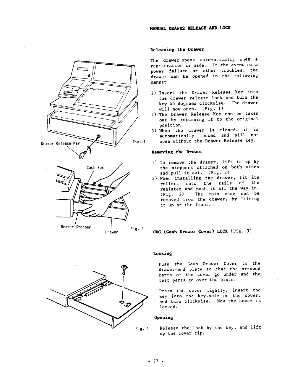 Handal drawer release and lock, Releasing the drawer, Refinoving the drawer | Cdc (cash drawer cover) lock (fig. 3), Locking, Opening | Toshiba MA-290-100 SERIES User Manual | Page 81 / 84