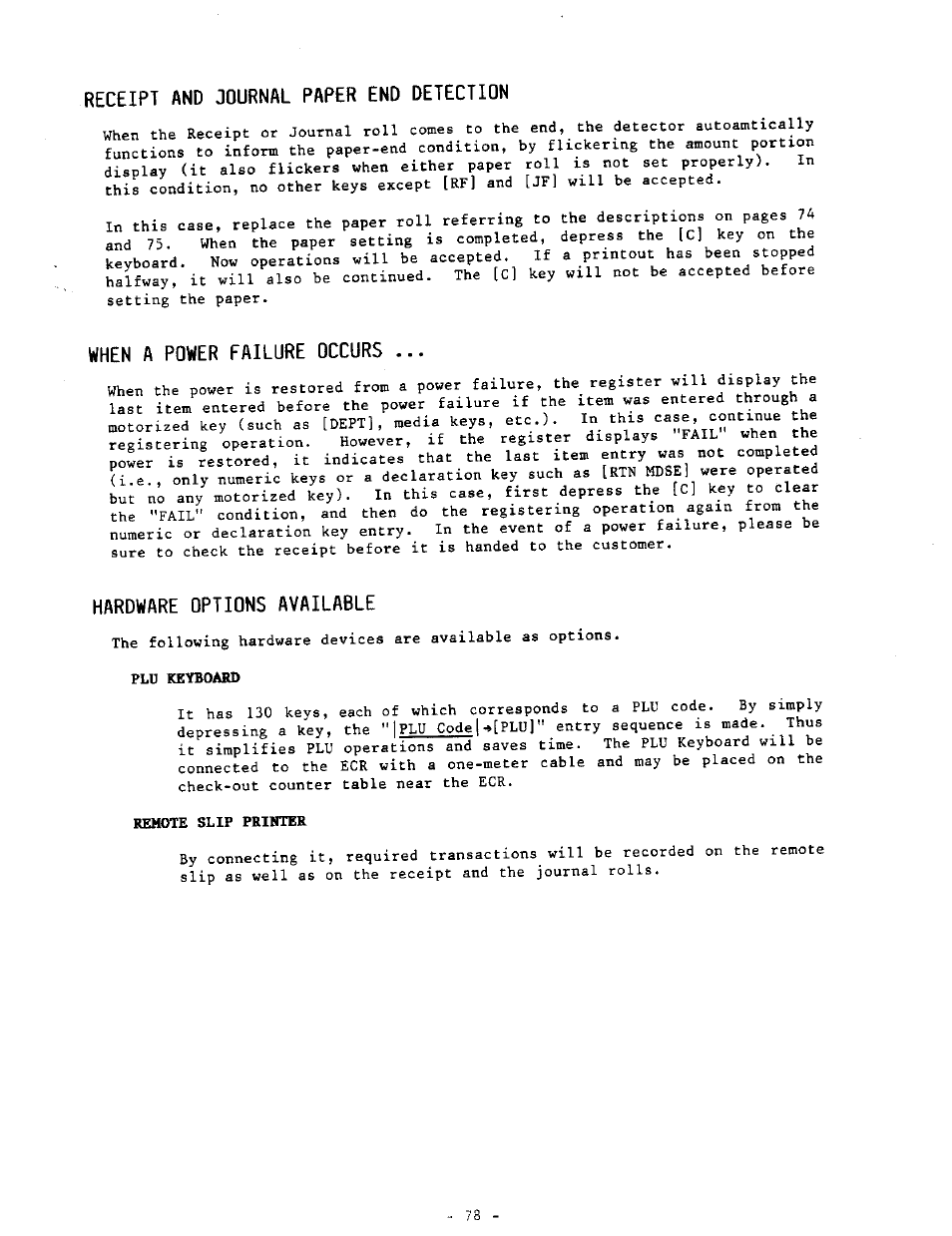 Receipt and journal paper end detection, When a power failure occurs, Hardware options available | Flu keyboard, Remote slip printer | Toshiba MA-290-100 SERIES User Manual | Page 82 / 84
