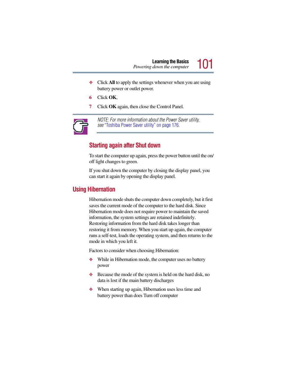Using hibernation | Toshiba Satellite Pro 6000 Series User Manual | Page 101 / 295
