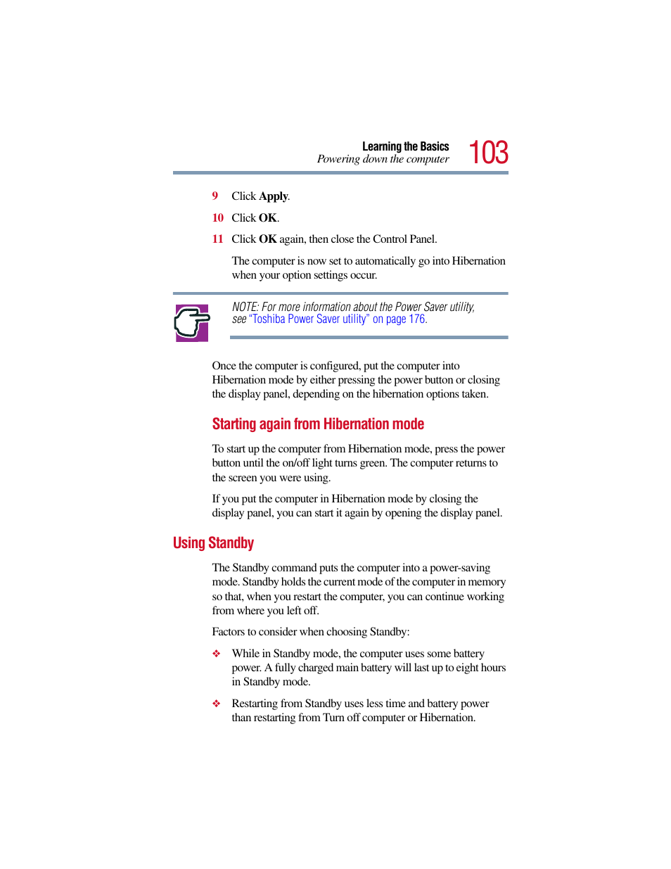Using standby | Toshiba Satellite Pro 6000 Series User Manual | Page 103 / 295