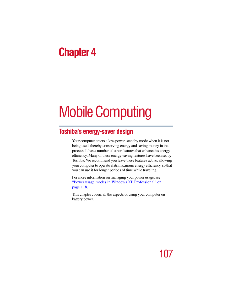 Chapter 4 - mobile computing, Toshiba’s energy-saver design, Chapter 4: mobile computing | Mobile computing, Chapter 4 | Toshiba Satellite Pro 6000 Series User Manual | Page 107 / 295