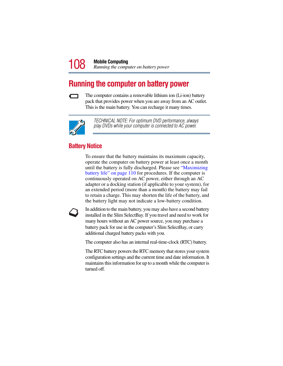Running the computer on battery power, Battery notice | Toshiba Satellite Pro 6000 Series User Manual | Page 108 / 295