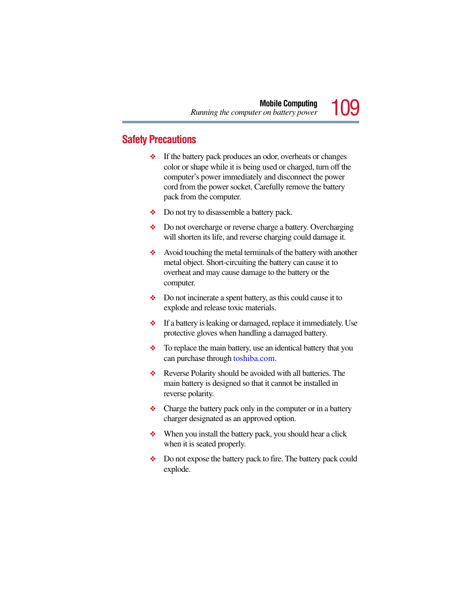 Safety precautions, Ion, see | Toshiba Satellite Pro 6000 Series User Manual | Page 109 / 295