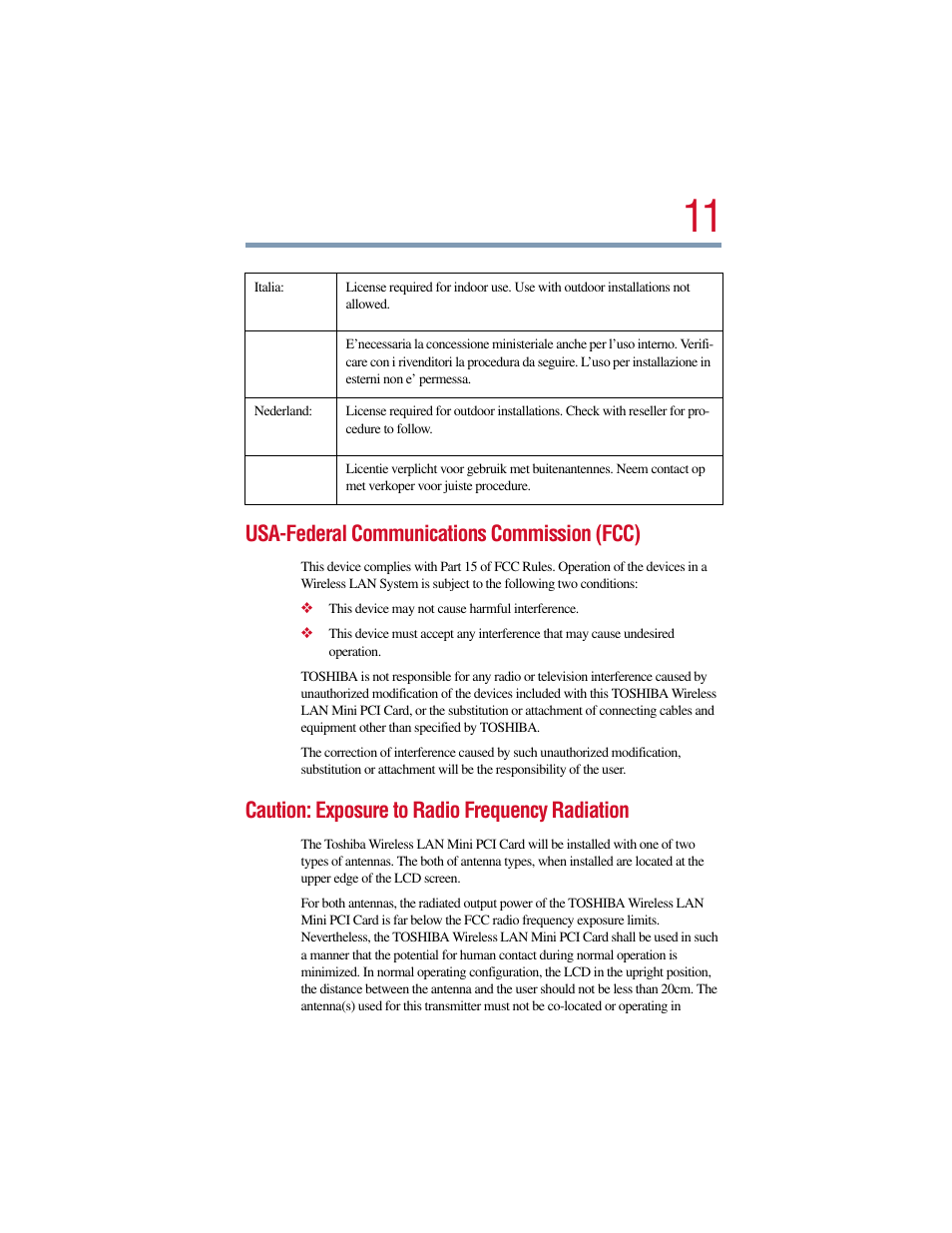 Usa-federal communications commission (fcc), Caution: exposure to radio frequency radiation | Toshiba Satellite Pro 6000 Series User Manual | Page 11 / 295