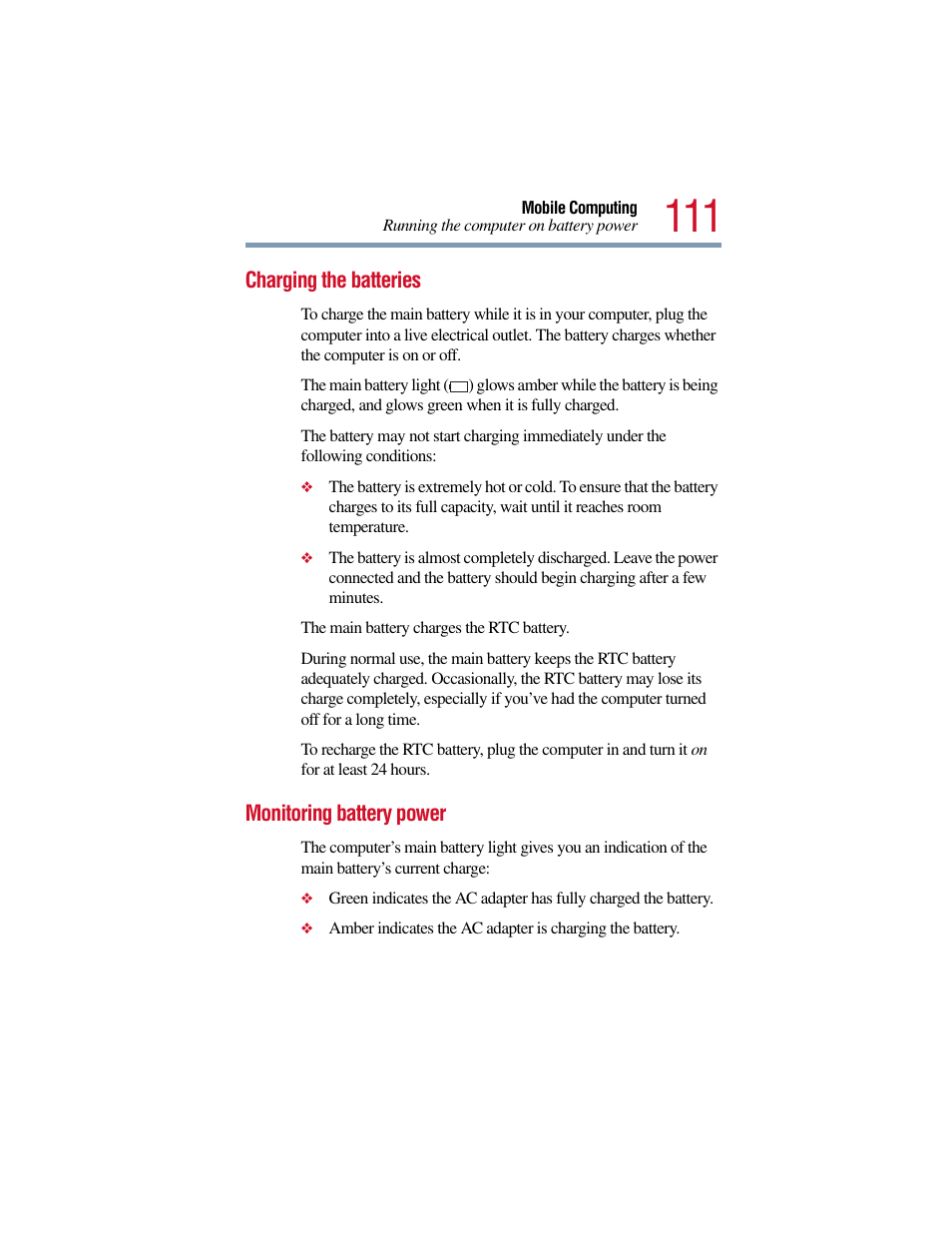 Charging the batteries, Monitoring battery power, Charging the batteries monitoring battery power | Toshiba Satellite Pro 6000 Series User Manual | Page 111 / 295