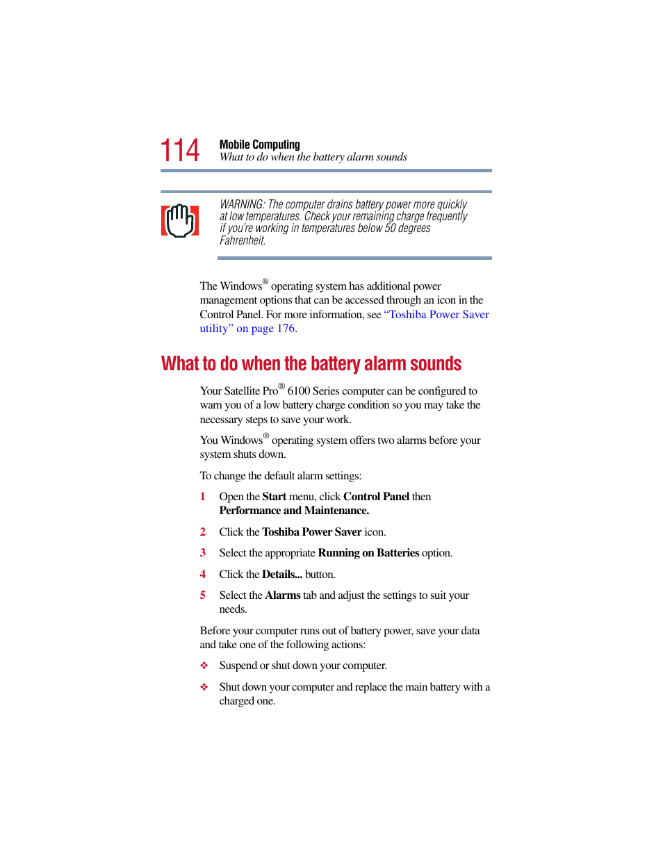 What to do when the battery alarm sounds | Toshiba Satellite Pro 6000 Series User Manual | Page 114 / 295