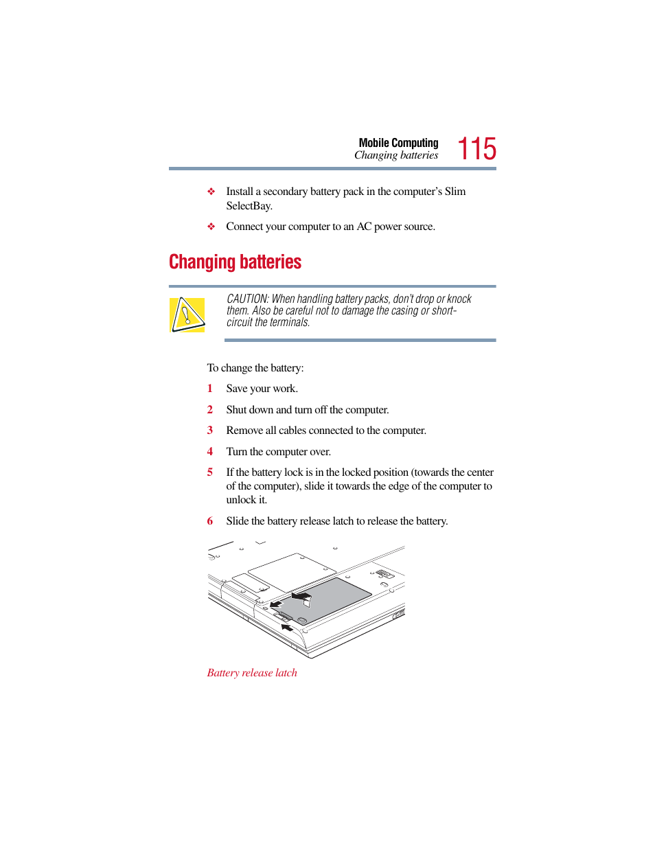 Changing batteries | Toshiba Satellite Pro 6000 Series User Manual | Page 115 / 295