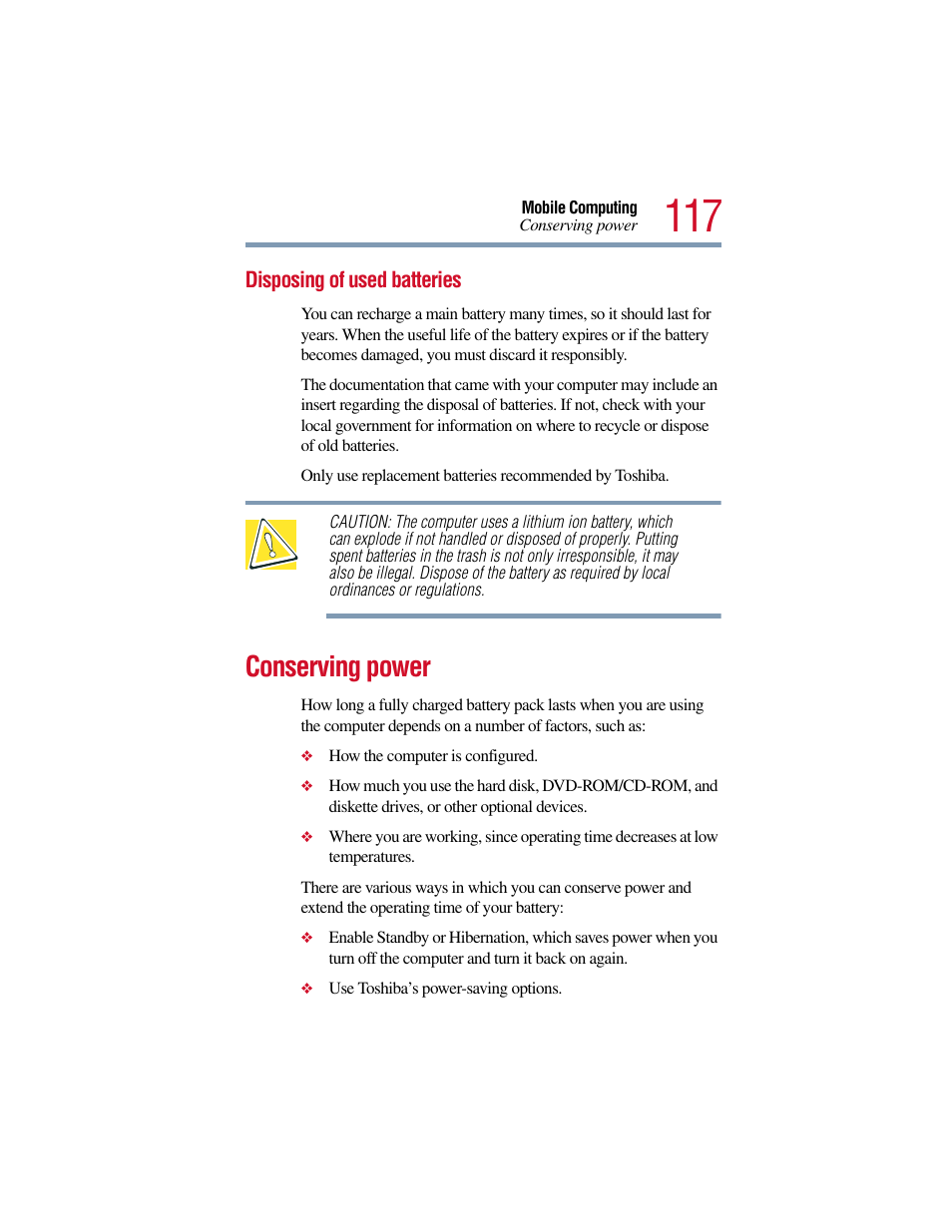 Disposing of used batteries, Conserving power | Toshiba Satellite Pro 6000 Series User Manual | Page 117 / 295