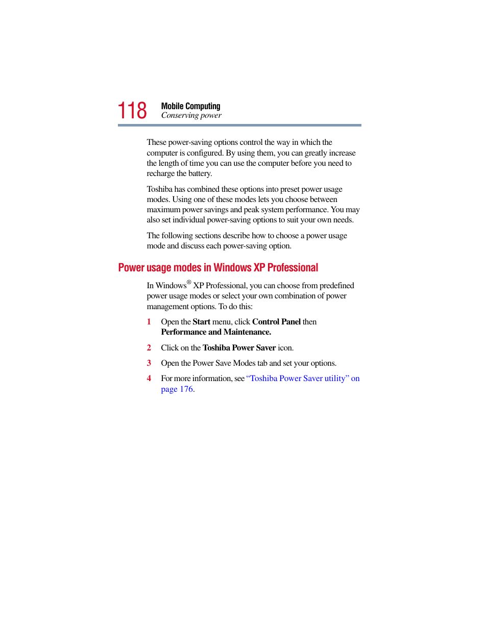 Power usage modes in windows xp professional | Toshiba Satellite Pro 6000 Series User Manual | Page 118 / 295