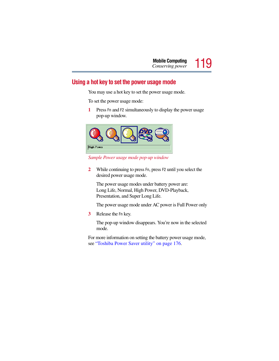 Using a hot key to set the power usage mode | Toshiba Satellite Pro 6000 Series User Manual | Page 119 / 295