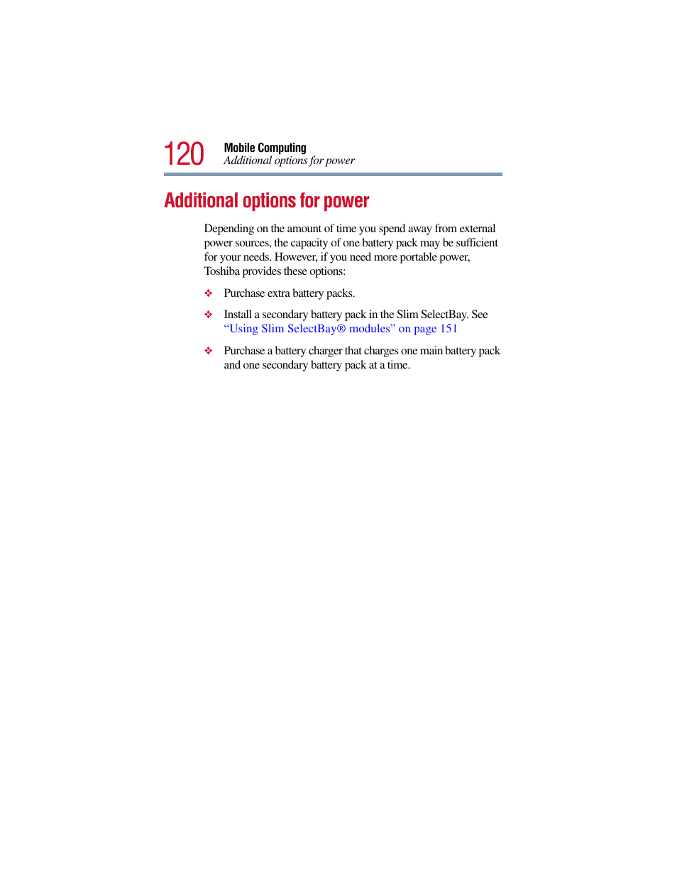 Additional options for power | Toshiba Satellite Pro 6000 Series User Manual | Page 120 / 295