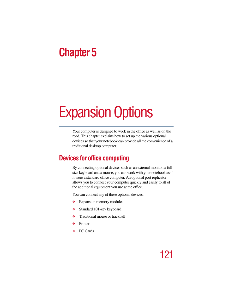 Chapter 5 - expansion options, Devices for office computing, Chapter 5: expansion options | Expansion options, Chapter 5 | Toshiba Satellite Pro 6000 Series User Manual | Page 121 / 295