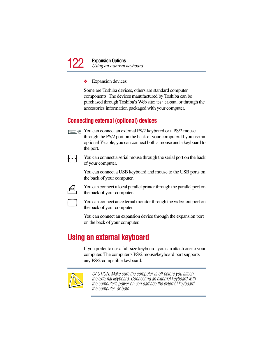 Connecting external (optional) devices, Using an external keyboard, Ard, see | Connecting | Toshiba Satellite Pro 6000 Series User Manual | Page 122 / 295