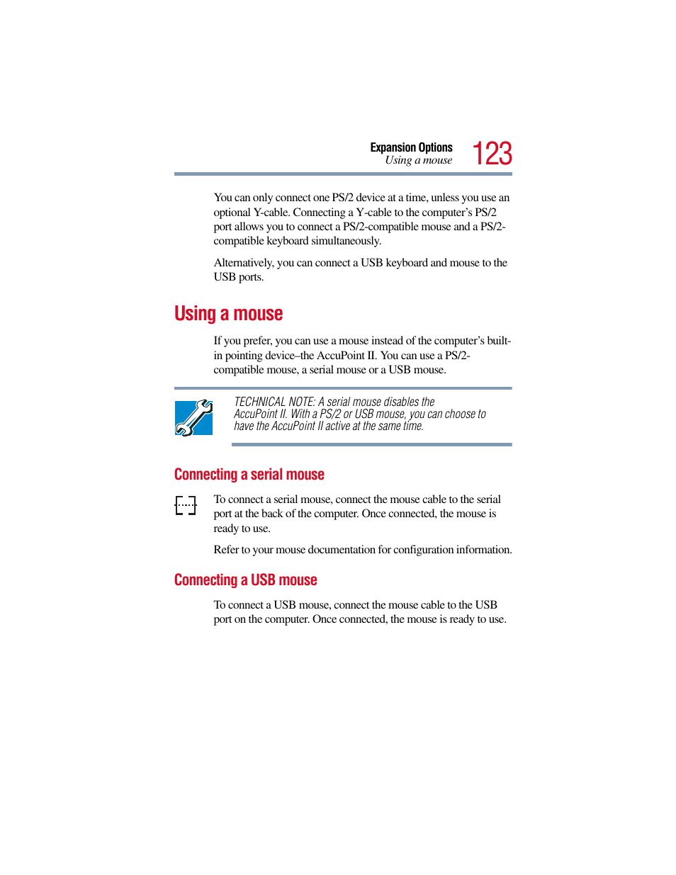 Using a mouse, Connecting a serial mouse, Connecting a usb mouse | Connecting a serial mouse connecting a usb mouse | Toshiba Satellite Pro 6000 Series User Manual | Page 123 / 295
