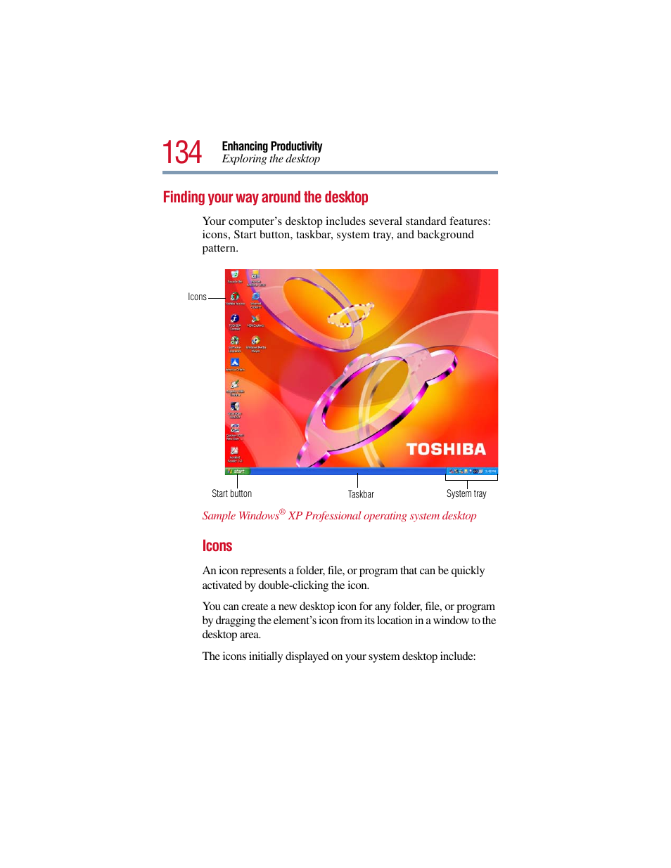 Finding your way around the desktop | Toshiba Satellite Pro 6000 Series User Manual | Page 134 / 295