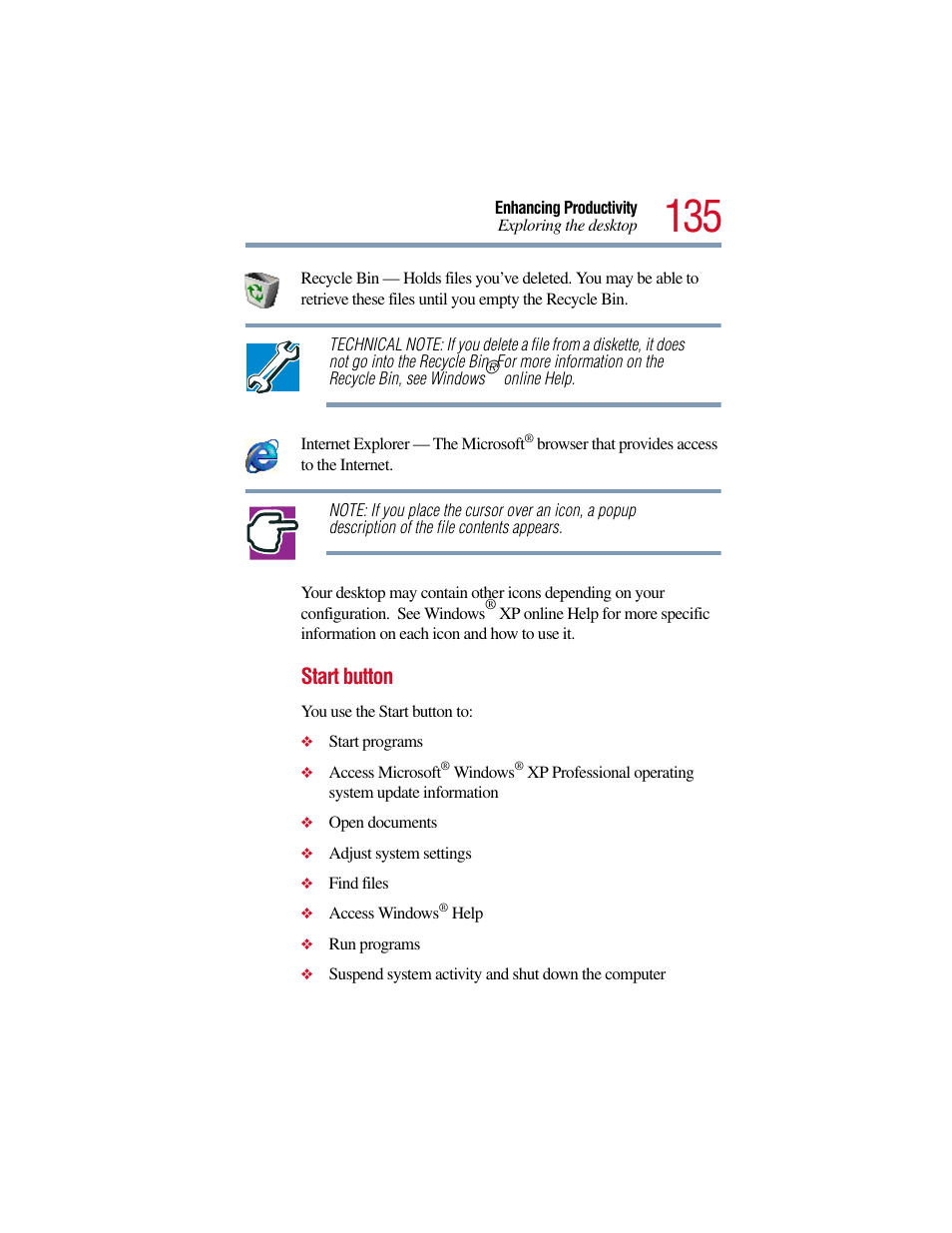 Start button | Toshiba Satellite Pro 6000 Series User Manual | Page 135 / 295