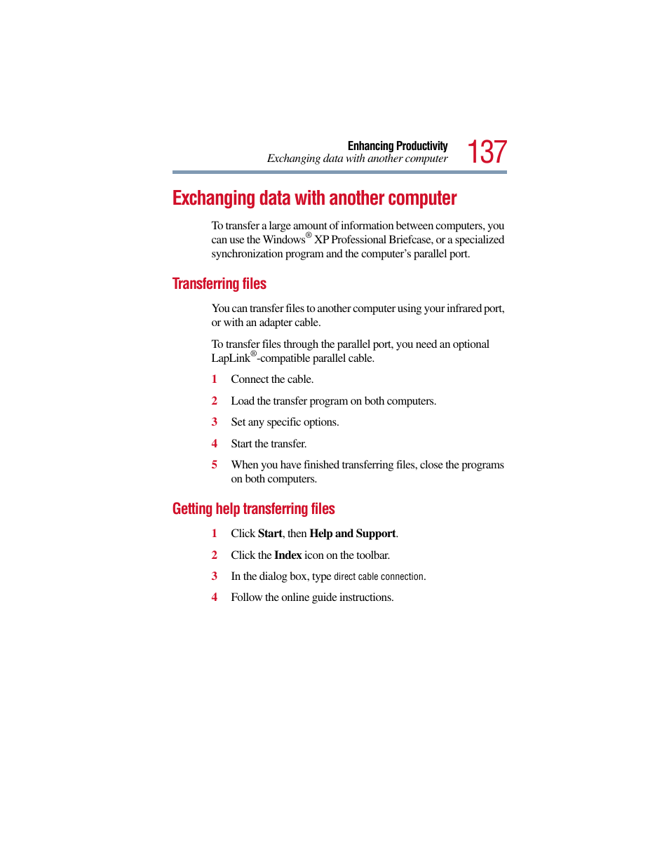 Exchanging data with another computer, Transferring files, Getting help transferring files | Transferring files getting help transferring files | Toshiba Satellite Pro 6000 Series User Manual | Page 137 / 295