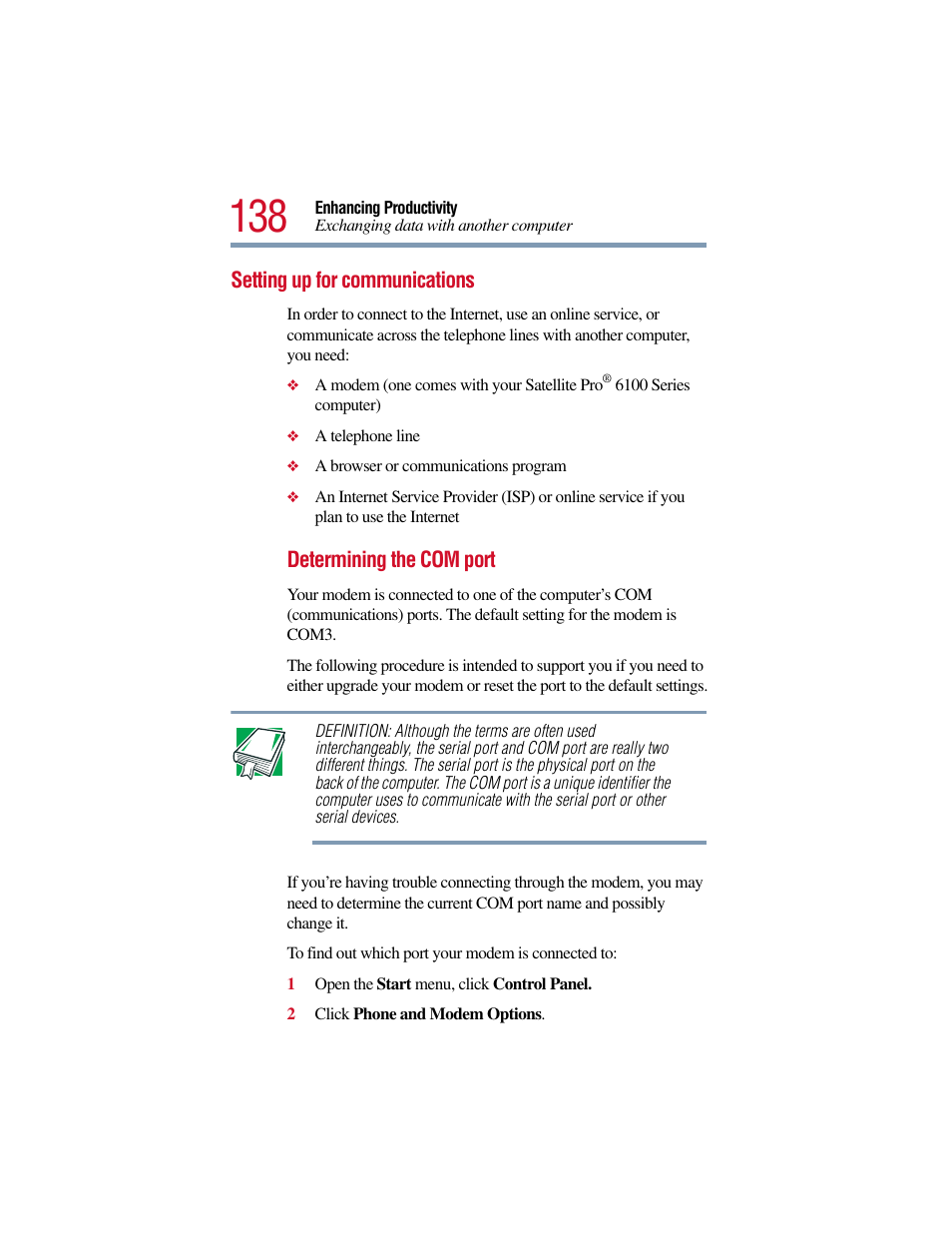 Setting up for communications | Toshiba Satellite Pro 6000 Series User Manual | Page 138 / 295