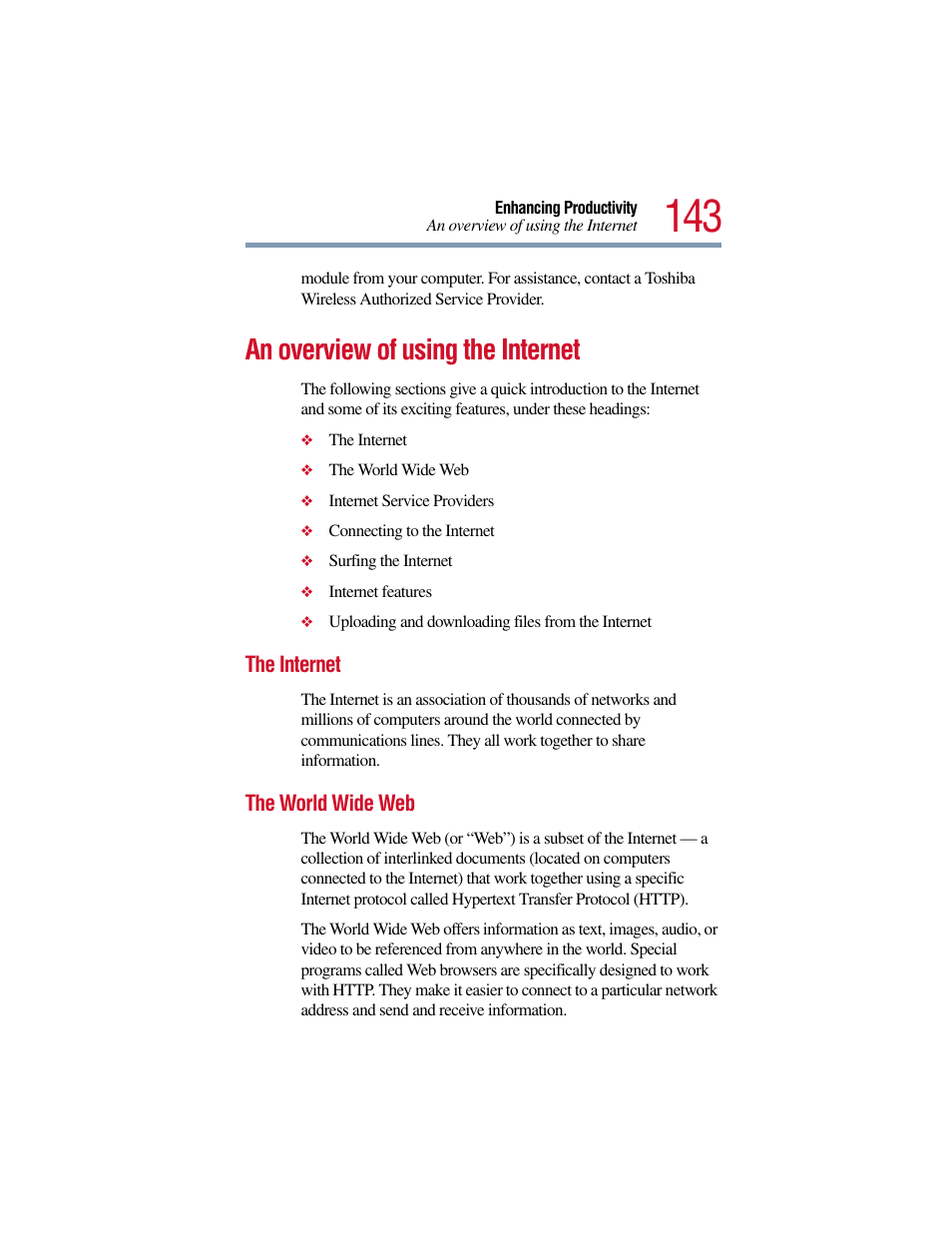 An overview of using the internet, The internet, The world wide web | The internet the world wide web | Toshiba Satellite Pro 6000 Series User Manual | Page 143 / 295