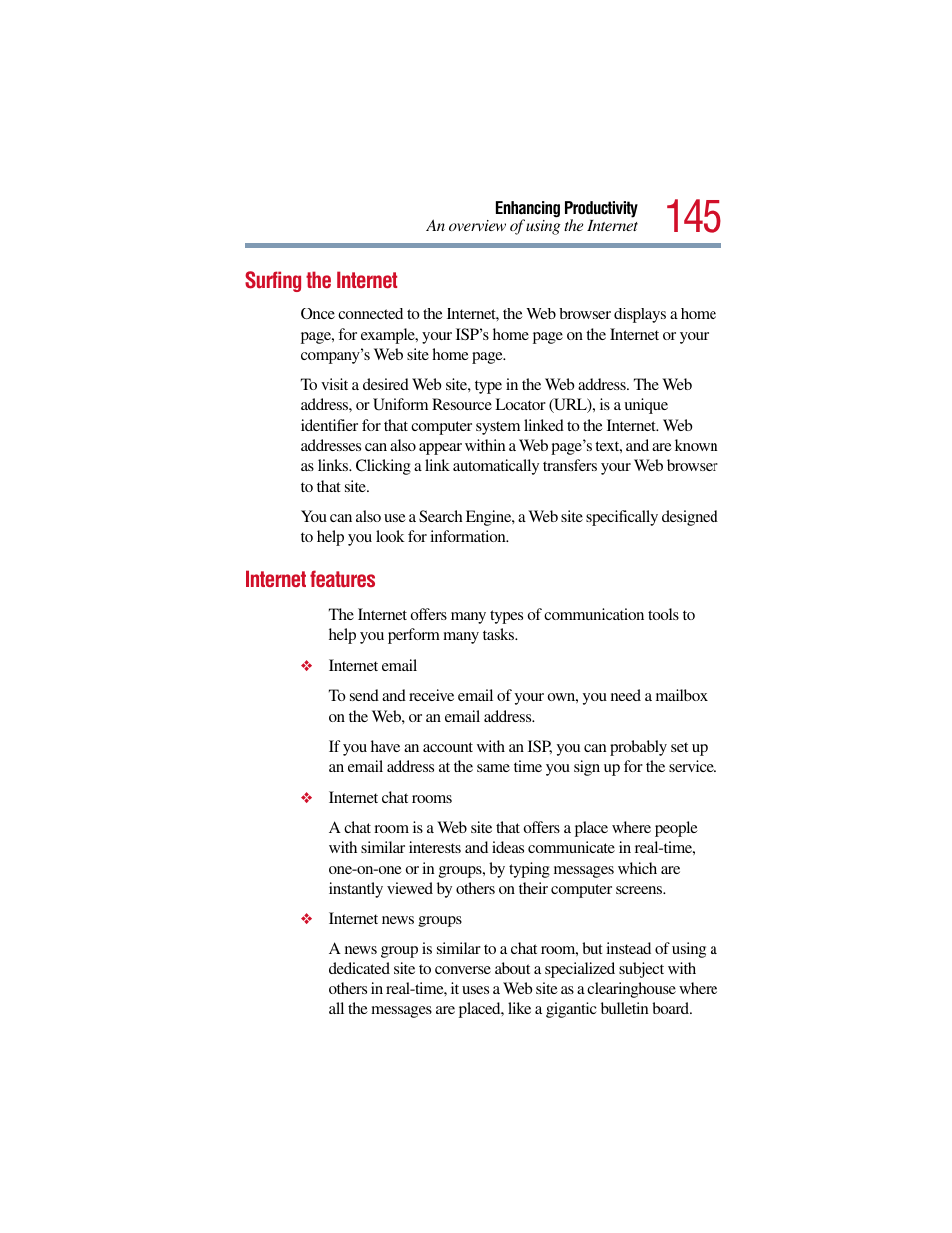 Surfing the internet, Internet features, Surfing the internet internet features | Toshiba Satellite Pro 6000 Series User Manual | Page 145 / 295