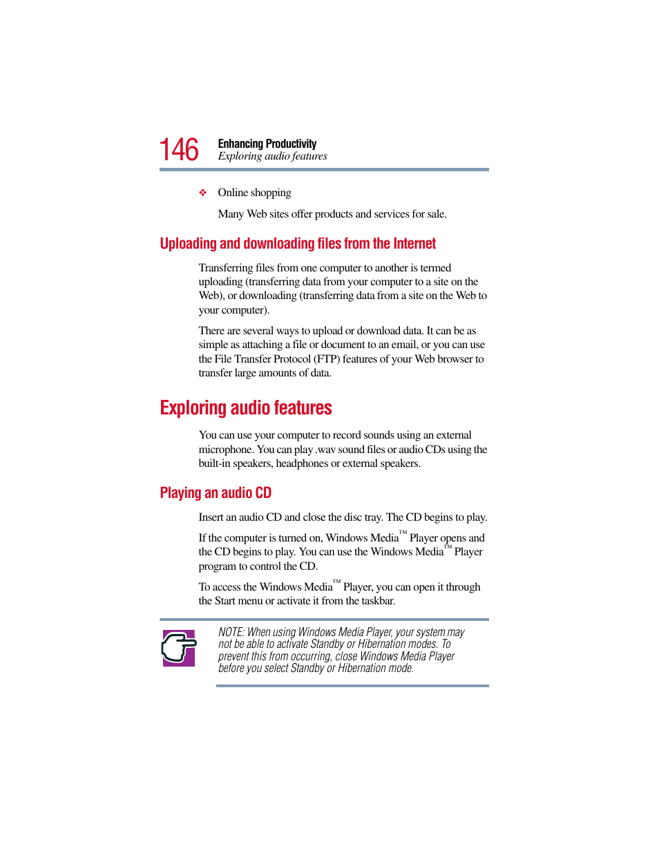 Uploading and downloading files from the internet, Exploring audio features, Playing an audio cd | Toshiba Satellite Pro 6000 Series User Manual | Page 146 / 295