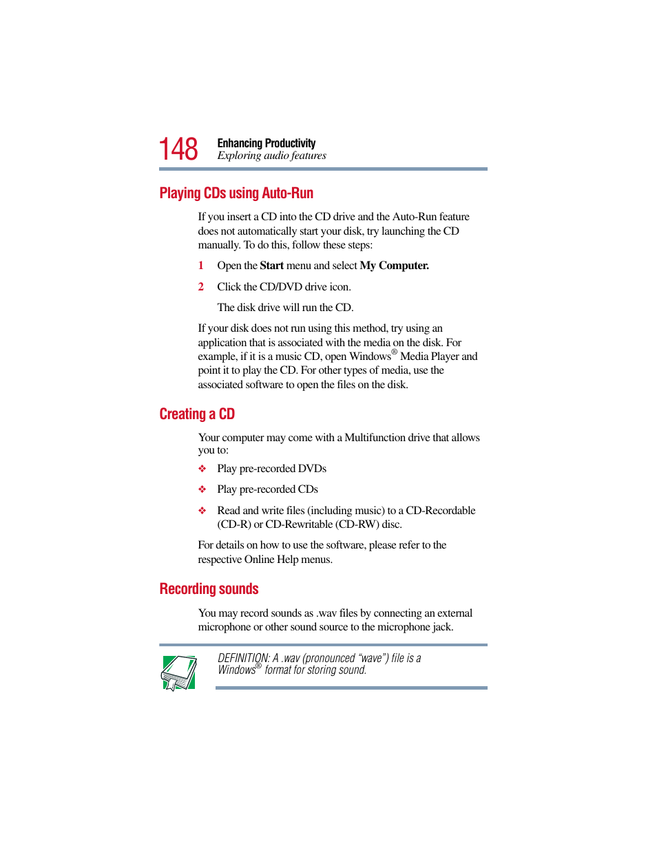 Playing cds using auto-run, Creating a cd, Recording sounds | Toshiba Satellite Pro 6000 Series User Manual | Page 148 / 295