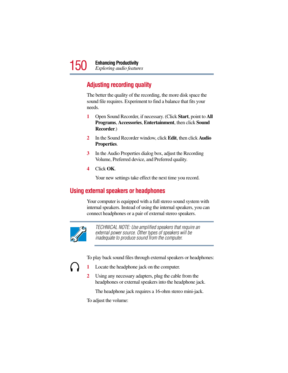 Using external speakers or headphones | Toshiba Satellite Pro 6000 Series User Manual | Page 150 / 295