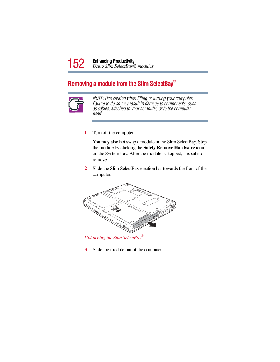 Removing a module from the slim selectbay | Toshiba Satellite Pro 6000 Series User Manual | Page 152 / 295