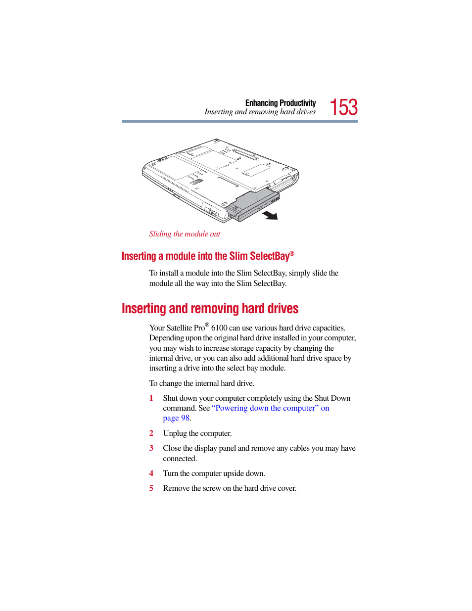 Inserting a module into the slim selectbay, Inserting and removing hard drives | Toshiba Satellite Pro 6000 Series User Manual | Page 153 / 295
