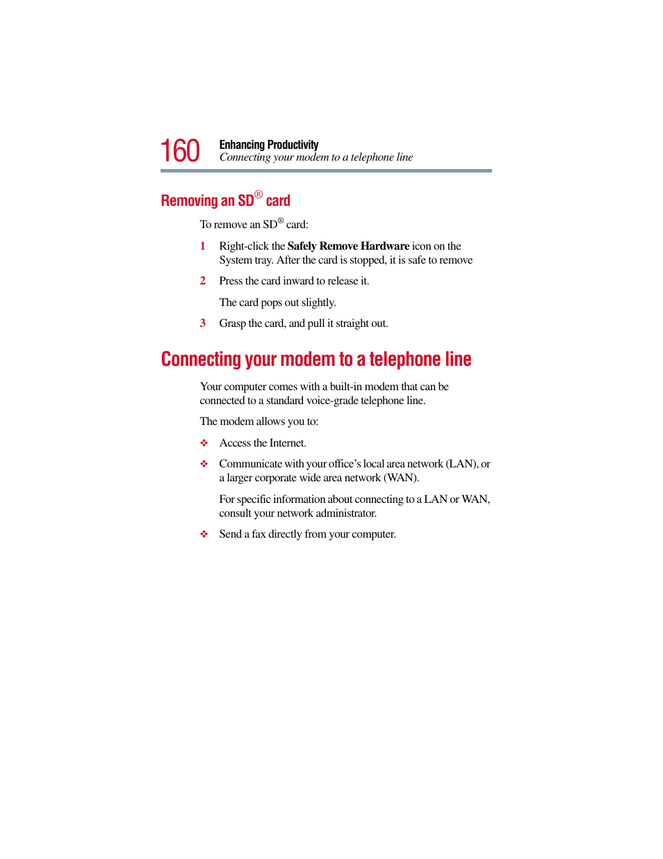 Removing an sd® card, Connecting your modem to a telephone line, Removing an sd | Toshiba Satellite Pro 6000 Series User Manual | Page 160 / 295
