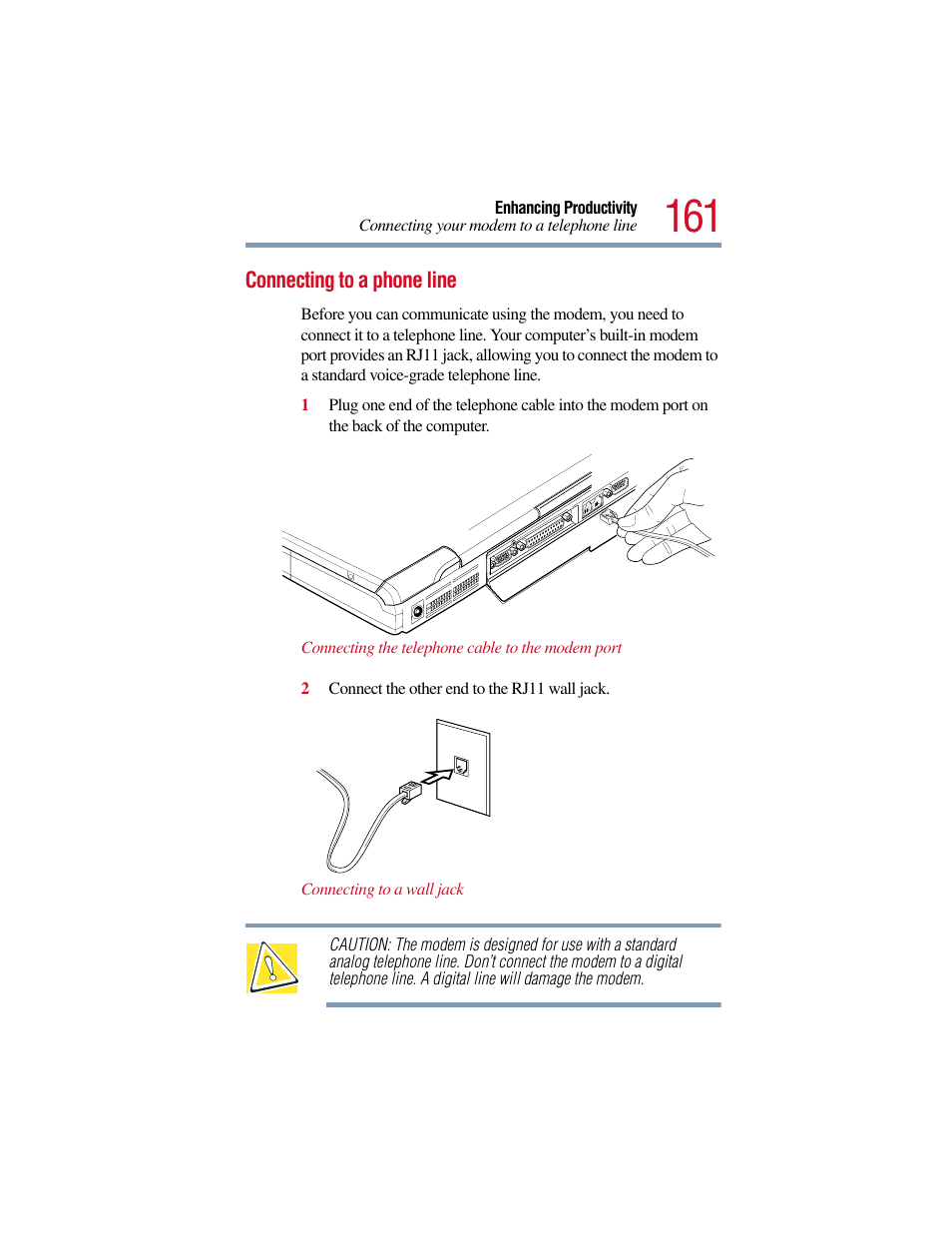 Connecting to a phone line | Toshiba Satellite Pro 6000 Series User Manual | Page 161 / 295