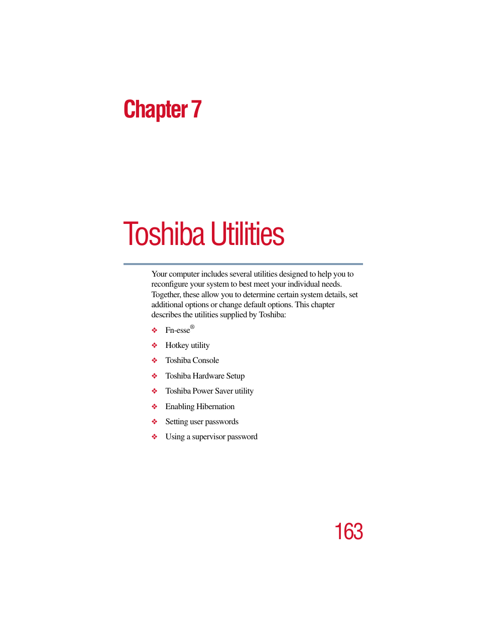 Chapter 7 - toshiba utilities, Chapter 7: toshiba utilities, Toshiba utilities | Chapter 7 | Toshiba Satellite Pro 6000 Series User Manual | Page 163 / 295