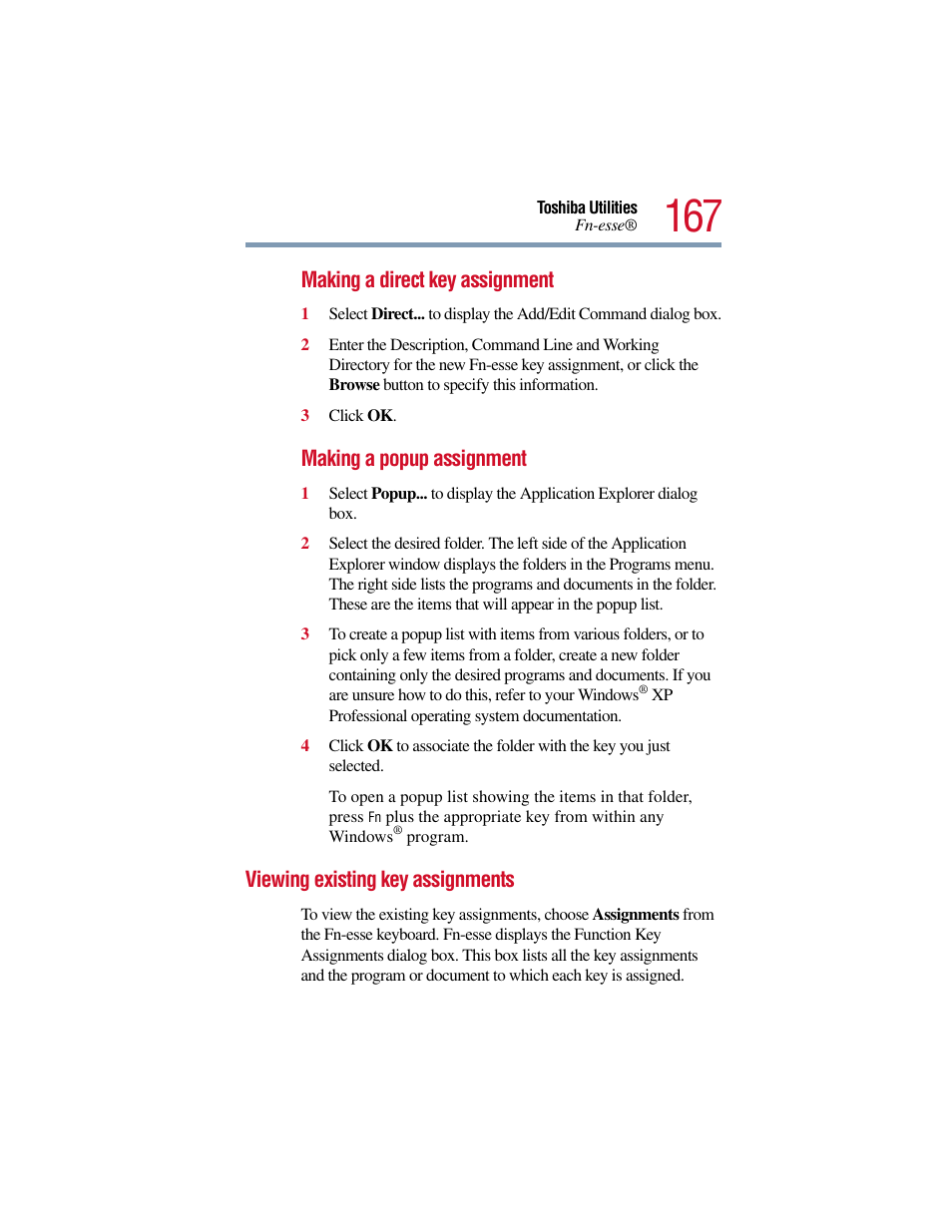 Viewing existing key assignments | Toshiba Satellite Pro 6000 Series User Manual | Page 167 / 295
