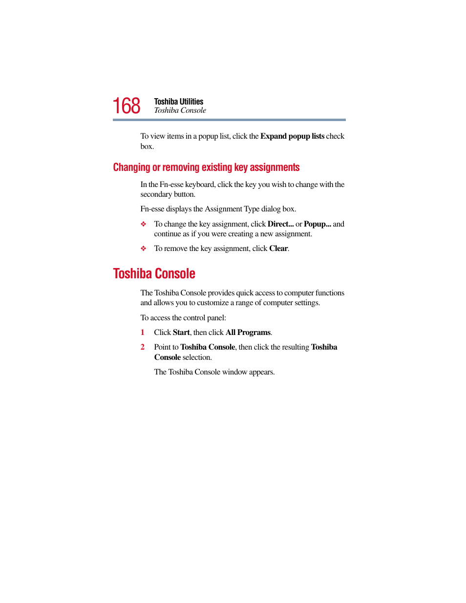 Changing or removing existing key assignments, Toshiba console | Toshiba Satellite Pro 6000 Series User Manual | Page 168 / 295