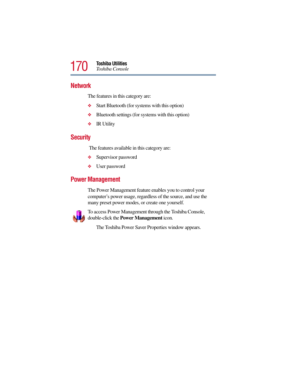 Network, Security, Power management | Network security power management | Toshiba Satellite Pro 6000 Series User Manual | Page 170 / 295