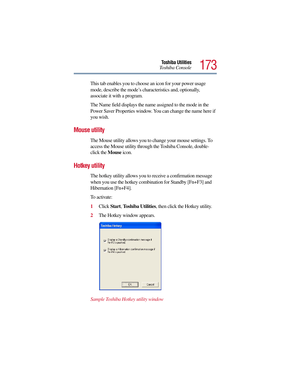 Mouse utility, Hotkey utility, Mouse utility hotkey utility | Toshiba Satellite Pro 6000 Series User Manual | Page 173 / 295
