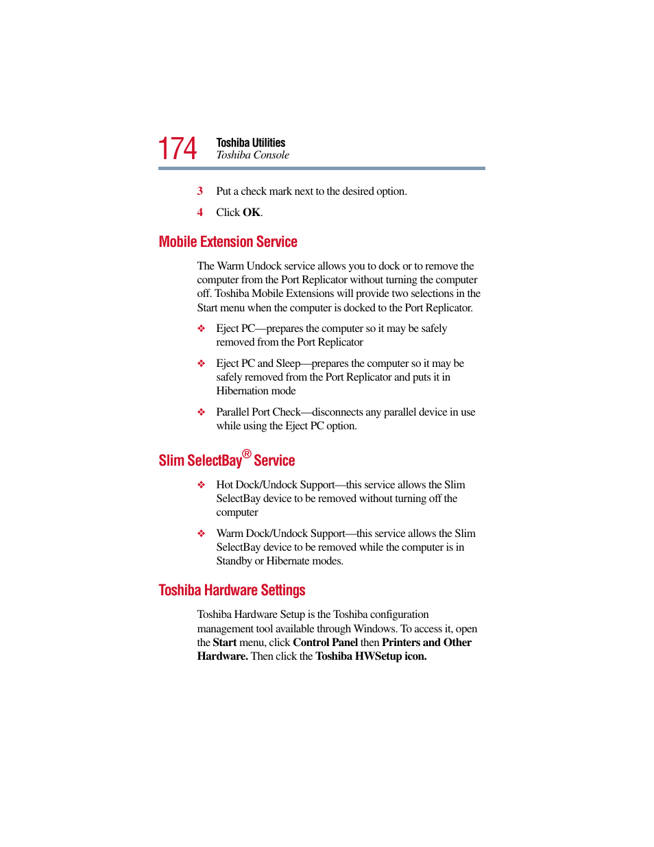 Mobile extension service, Slim selectbay® service, Toshiba hardware settings | Mobile extension service slim selectbay | Toshiba Satellite Pro 6000 Series User Manual | Page 174 / 295