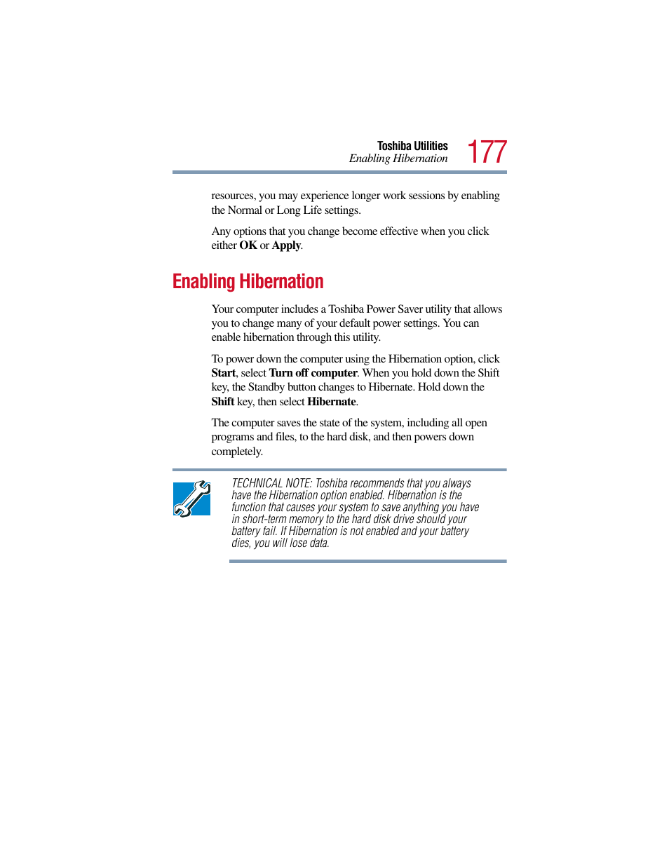 Enabling hibernation | Toshiba Satellite Pro 6000 Series User Manual | Page 177 / 295