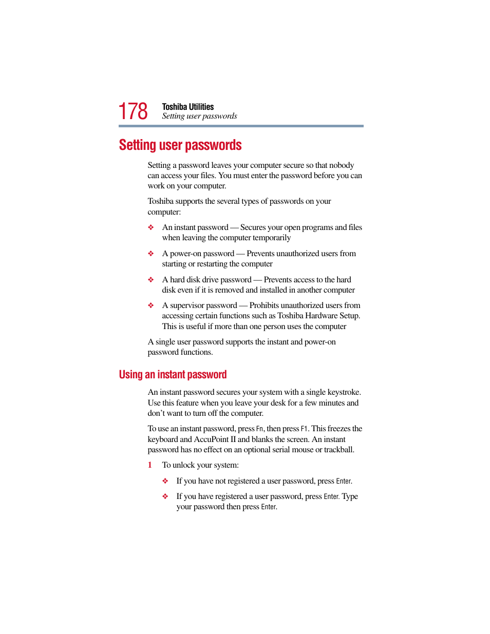 Setting user passwords, Using an instant password | Toshiba Satellite Pro 6000 Series User Manual | Page 178 / 295