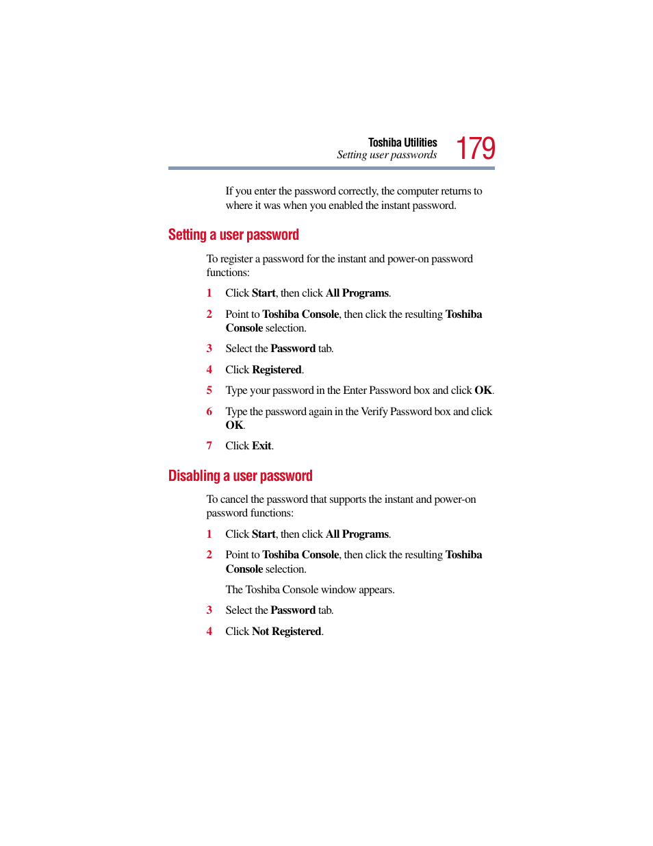 Setting a user password, Disabling a user password, Setting a user password disabling a user password | Toshiba Satellite Pro 6000 Series User Manual | Page 179 / 295