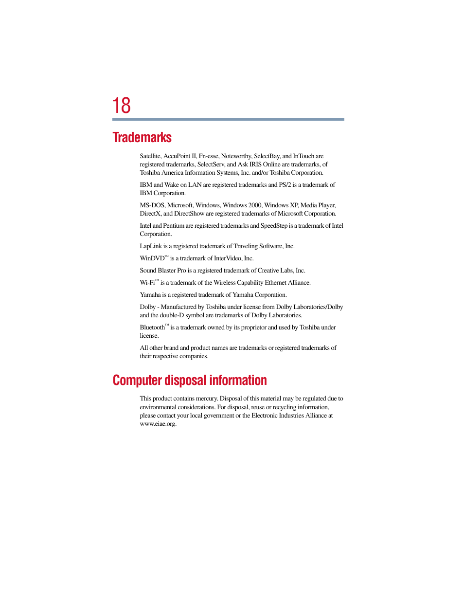 Trademarks, Computer disposal information | Toshiba Satellite Pro 6000 Series User Manual | Page 18 / 295