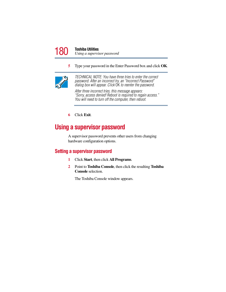Using a supervisor password, Setting a supervisor password | Toshiba Satellite Pro 6000 Series User Manual | Page 180 / 295