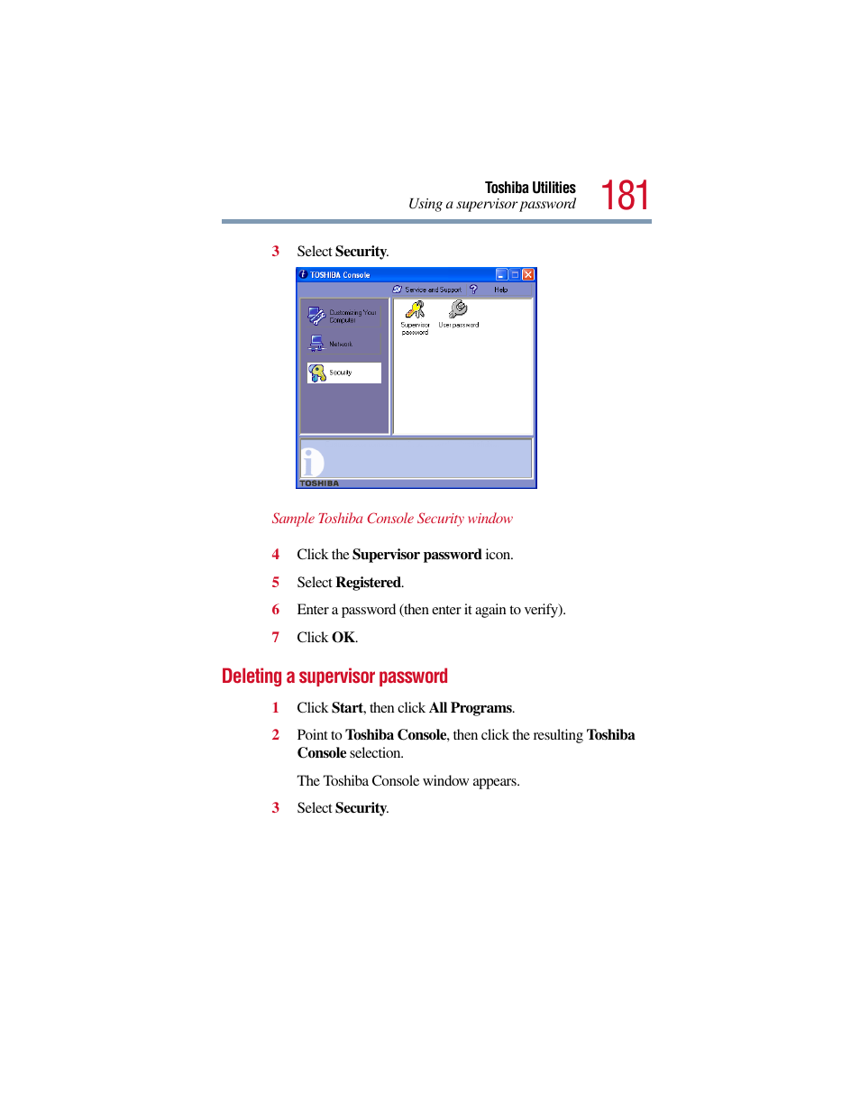 Deleting a supervisor password | Toshiba Satellite Pro 6000 Series User Manual | Page 181 / 295