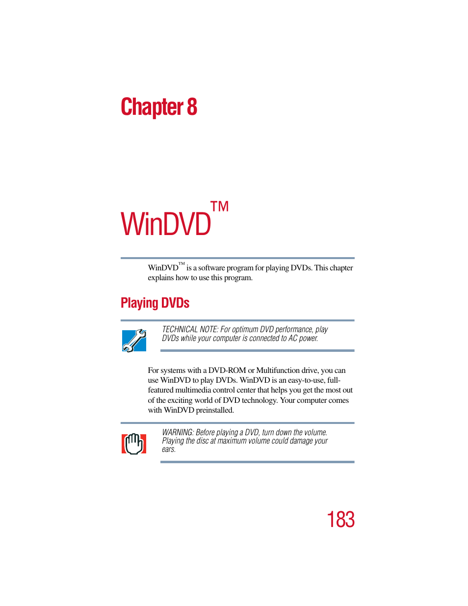 Chapter 8 - windvd, Playing dvds, Chapter 8: windvd | Windvd, Chapter 8 | Toshiba Satellite Pro 6000 Series User Manual | Page 183 / 295