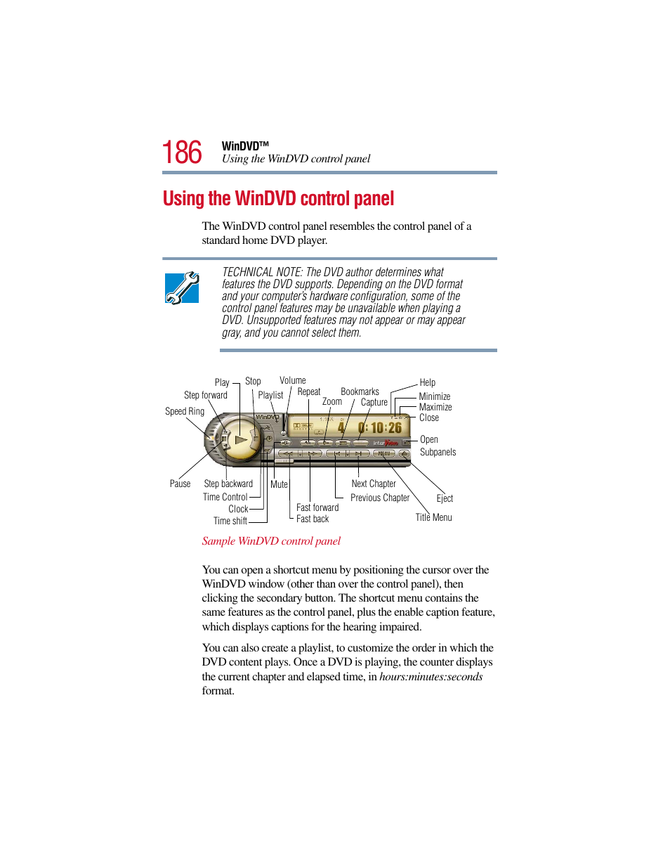 Using the windvd control panel | Toshiba Satellite Pro 6000 Series User Manual | Page 186 / 295