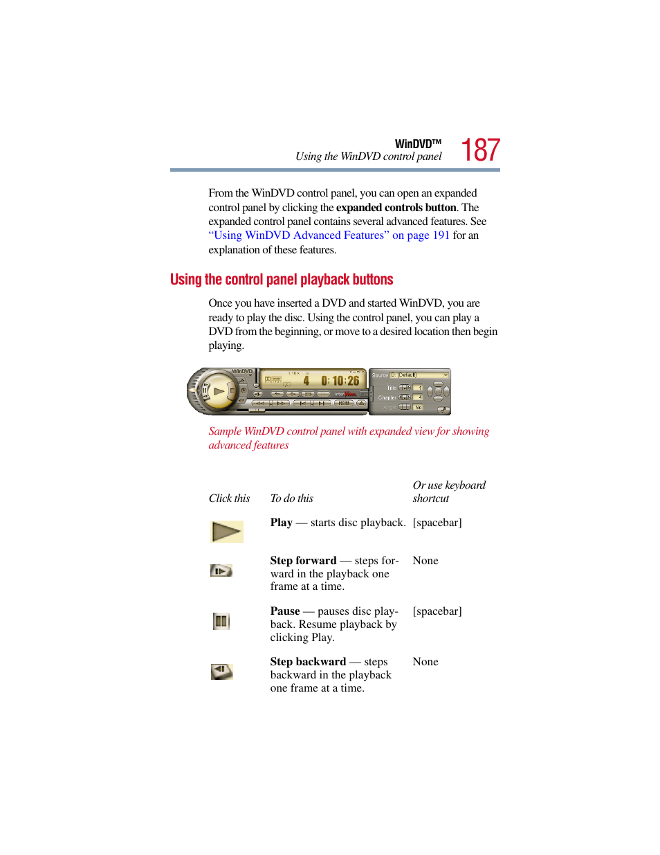 Using the control panel playback buttons | Toshiba Satellite Pro 6000 Series User Manual | Page 187 / 295