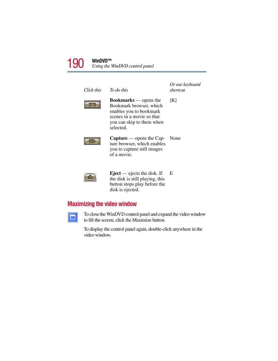 Maximizing the video window | Toshiba Satellite Pro 6000 Series User Manual | Page 190 / 295