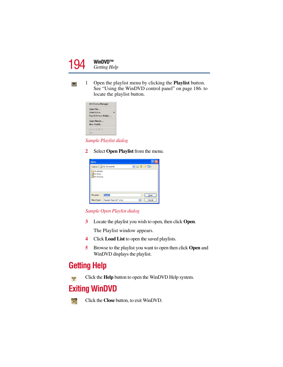 Getting help, Exiting windvd, Getting help exiting windvd | Toshiba Satellite Pro 6000 Series User Manual | Page 194 / 295